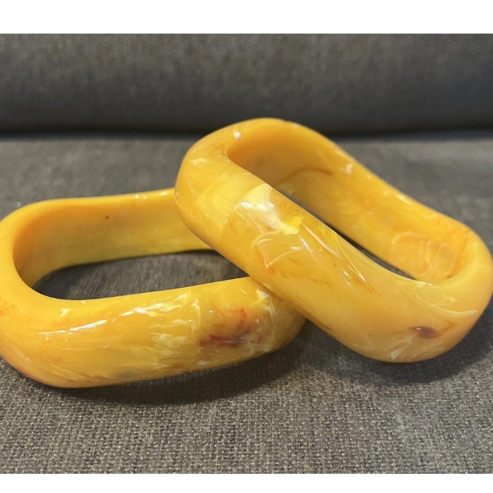 Vintage Butterscotch Yellow Marbled Bangles Asymmetrical, Stackable Set Of 2